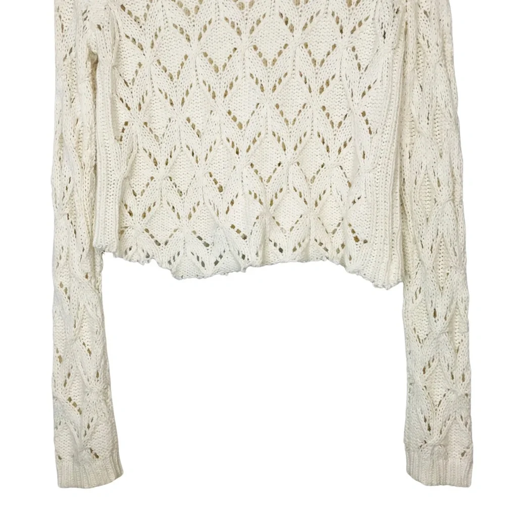 Loft Geo Pointelle Knit Crochet Dristressed Chewed Hem Sweater - Picture 7 of 10